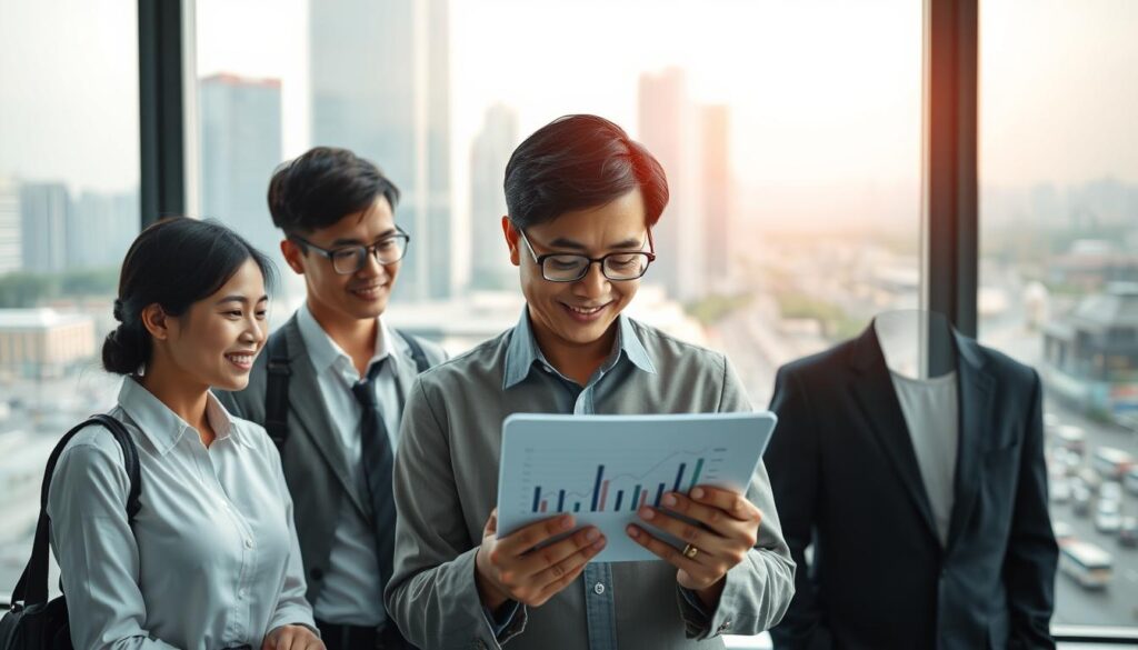 A balanced composition illustrating the theme of economic stability in Indonesia. In the foreground, diverse professionals in business attire, including an economist and a government official, discuss charts and graphs on a digital tablet symbolizing fiscal policy analysis. The middle layer features a modern, sleek office environment with large windows showcasing a city skyline, reflecting growth and progress. In the background, a subtle blur of economic activity, such as bustling streets and markets, suggests a thriving economy. Soft, natural lighting filters through the windows, creating an optimistic and focused atmosphere. The overall mood is one of collaboration and forward-thinking, emphasizing the importance of government policy in maintaining economic stability.