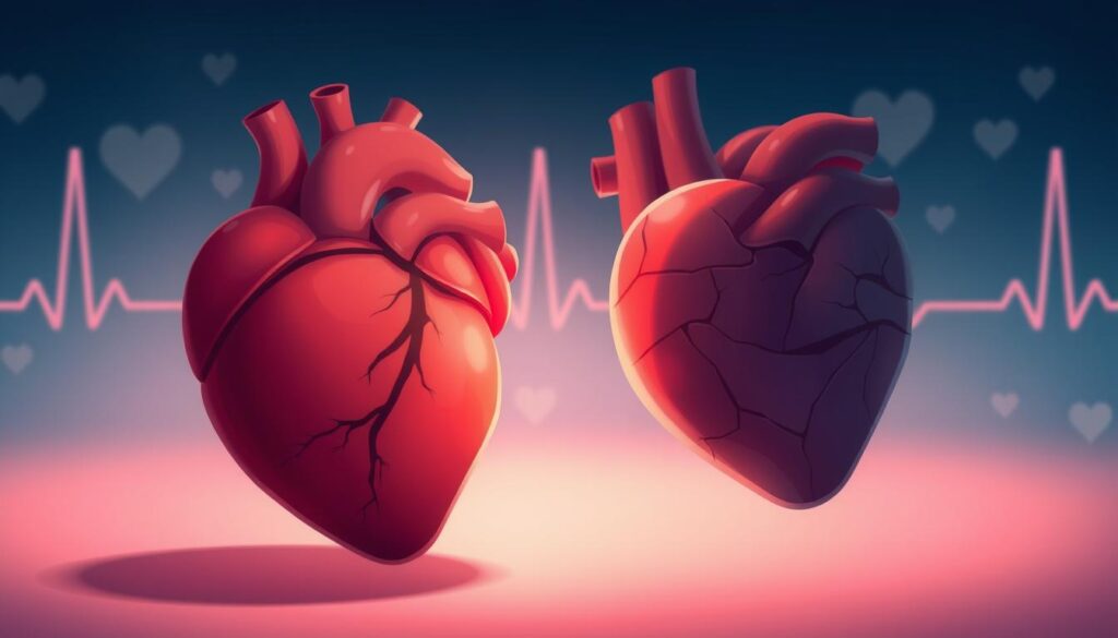 A close-up illustration focusing on the heart, surrounded by various visual indicators of heart issues, such as a subtle ECG line in the background fading into the scene. In the foreground, depict a healthy heart on one side, contrasting with a heart showing signs of distress, like shadows or cracks, to symbolize potential damage from high cholesterol. The background features soft, diffused lighting that creates a serious yet educational atmosphere, with a gentle blue and red color palette to represent health and concern. The overall mood should evoke awareness and urgency in recognizing heart health symptoms. No human figures or text are included in the image.