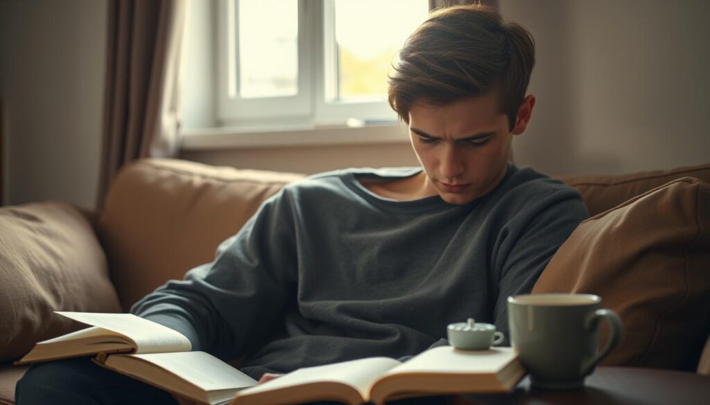 A close-up view of a young adult in a modest, casual setting, sitting on a cozy couch in a softly lit room. The person has a contemplative expression, gazing downward with slightly furrowed brows, embodying the subtle signs of mild depression. Surrounding them are a few personal items like a half-finished book and an untouched cup of tea on a side table, suggesting introspection and a sense of isolation. The lighting is warm and gentle, casting soft shadows that enhance the mood of quiet reflection and emotional weight. In the background, a window shows muted daylight filtering in, symbolizing hope amidst the struggle. The overall atmosphere is one of serene melancholy, capturing the essence of mild depressive symptoms without overt distress.