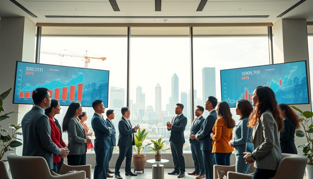 A dynamic and informative scene showcasing the concept of domestic investment (PMDN) outperforming foreign investment (PMA) in Indonesia during the first quarter of 2025. In the foreground, a diverse group of professionals in smart business attire is engaged in discussion, surrounded by digital screens displaying rising investment graphs and statistics. The middle ground features an office environment with modern furnishings and plants, symbolizing growth and innovation. In the background, an image of Jakarta's skyline subtly incorporates elements of the economic landscape, such as construction sites and bustling urban activity. Soft, natural lighting streams through large windows, creating a bright and optimistic atmosphere, while a slight depth of field draws focus to the professionals' engaged expressions and geographical context.