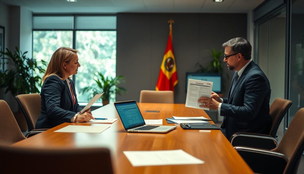 A professional government office setting with an emphasis on transparency and clarity. In the foreground, a group of three officials in business attire is engaged in a serious discussion, one holding a document and pointing to a laptop displaying official data. In the middle, a large conference table is surrounded by chairs, with papers and pens laid out neatly. The background features a large window letting in soft, natural light that highlights an office decorated with plants and a flag symbolizing local governance. The atmosphere is serious yet focused, embodying the government’s commitment to addressing public concerns. Use warm, inviting lighting, with a slight depth of field to keep the focus on the officials while softly blurring the background elements.
