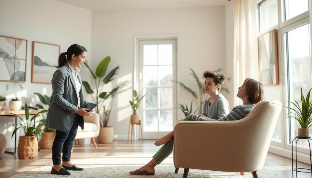 A serene indoor setting depicting a light, airy therapy room. In the foreground, a professional therapist, dressed in smart casual attire, is engaged in a supportive conversation with a young adult client, who is sitting comfortably in a plush chair, looking relaxed and receptive. The middle ground shows a cozy atmosphere with soft lighting, warm colors, and calming decor, including plants and abstract art on the walls. In the background, large windows allow natural light to filter in, creating a sense of openness and tranquility. The mood is gentle and hopeful, emphasizing healing and connection as the client experiences the gentle handling of mild depression. The image captures a moment of understanding and compassion in mental health care.