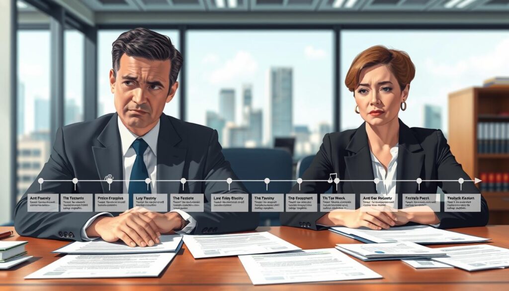 A visually striking illustration capturing the timeline of a civil servant case, centered on two individuals involved in a scandal. In the foreground, two professional-looking figures, a man and a woman, dressed in formal business attire, are seated at a table with documents spread out, showing concern in their expressions. In the middle ground, a timeline graphic depicting key events associated with the case spans horizontally, featuring icons or symbols representing each event. In the background, a blurred office setting with shelves of legal books and a cityscape visible through a window helps establish a professional atmosphere. The lighting is bright and clear, emphasizing the gravity of the situation, while the overall mood reflects tension and introspection.