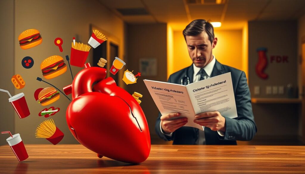 A visually striking representation of heart disease risk factors. In the foreground, a heart icon is surrounded by vibrant, colorful illustrations of unhealthy foods such as burgers, fries, and sugary drinks, symbolizing poor diet. In the middle ground, a thoughtful figure dressed in professional business attire examines a report on risk statistics with a worried expression, emphasizing awareness. In the background, a dimly lit scene shows a hospital room and a subtle depiction of cholesterol plaques in arteries, highlighting health issues. The lighting is warm yet serious, casting soft shadows to create a contemplative atmosphere. The overall mood is informative and cautionary, clearly illustrating the causes and risks of high cholesterol without any distracting elements.