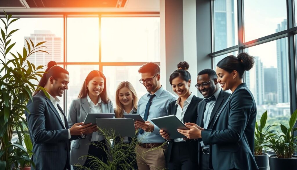 A vibrant and engaging scene depicting the positive impacts of technology. In the foreground, a diverse group of professionals in business attire collaborates, using laptops and tablets, showcasing teamwork and innovation. The middle ground features a modern workspace with large windows, allowing natural light to flood the scene, and plants that convey sustainability. In the background, a cityscape with smart buildings and green spaces symbolizes urban development and technological advancement. The atmosphere should feel dynamic and optimistic, illustrating connectivity and progress. The lighting should be bright and uplifting, enhancing the theme of technology as a necessity for growth and collaboration. Capture this in a wide angle to encompass the lively interaction and inspiring environment.