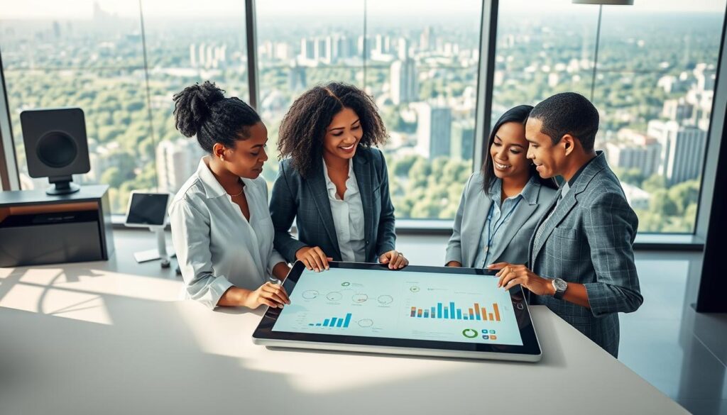 A visually engaging representation of the concept of "strategies for managing technology dependence." In the foreground, a diverse group of three professionals in smart casual attire, engaged in a thoughtful discussion around a large digital tablet displaying graphs and flowcharts. In the middle, a modern office setting filled with eco-friendly technology, such as solar-powered devices and smart screens, illustrating innovative solutions. In the background, large windows with a panoramic view of a green city skyline, symbolizing balance between technology and nature. The scene is well-lit with natural daylight, casting soft shadows, creating a positive and collaborative atmosphere. The perspective is slightly elevated, giving a sense of depth and insight into their conversation.